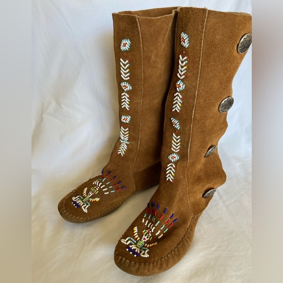 Taos Footwear Shoes - VTG 70's Taos Hand Beaded Leather Button Moccasin Knee High Boots Sz 7-8